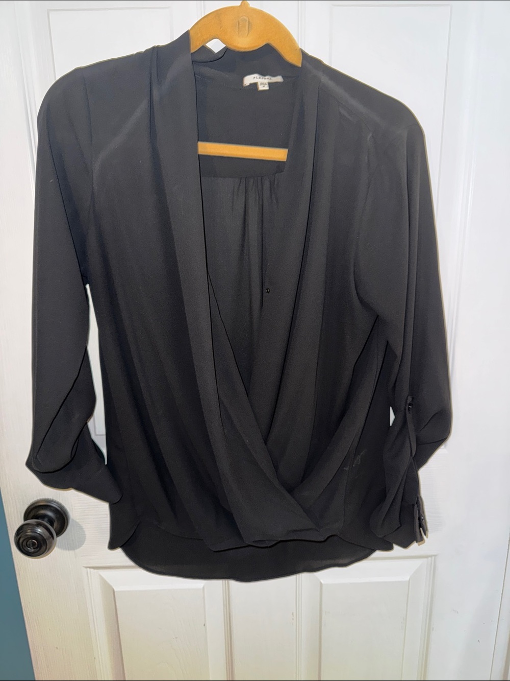 Pleione Black Draped Surplice Blouse with Roll-Tab Sleeves